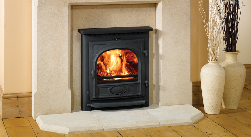  Convector stove with flat top, shown here in Matt Black, burning logs