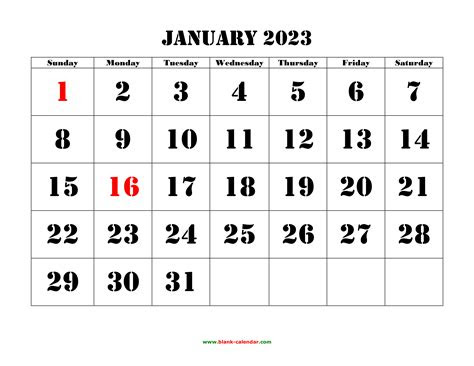  free download printable calendar 2023 large font design holidays on red
