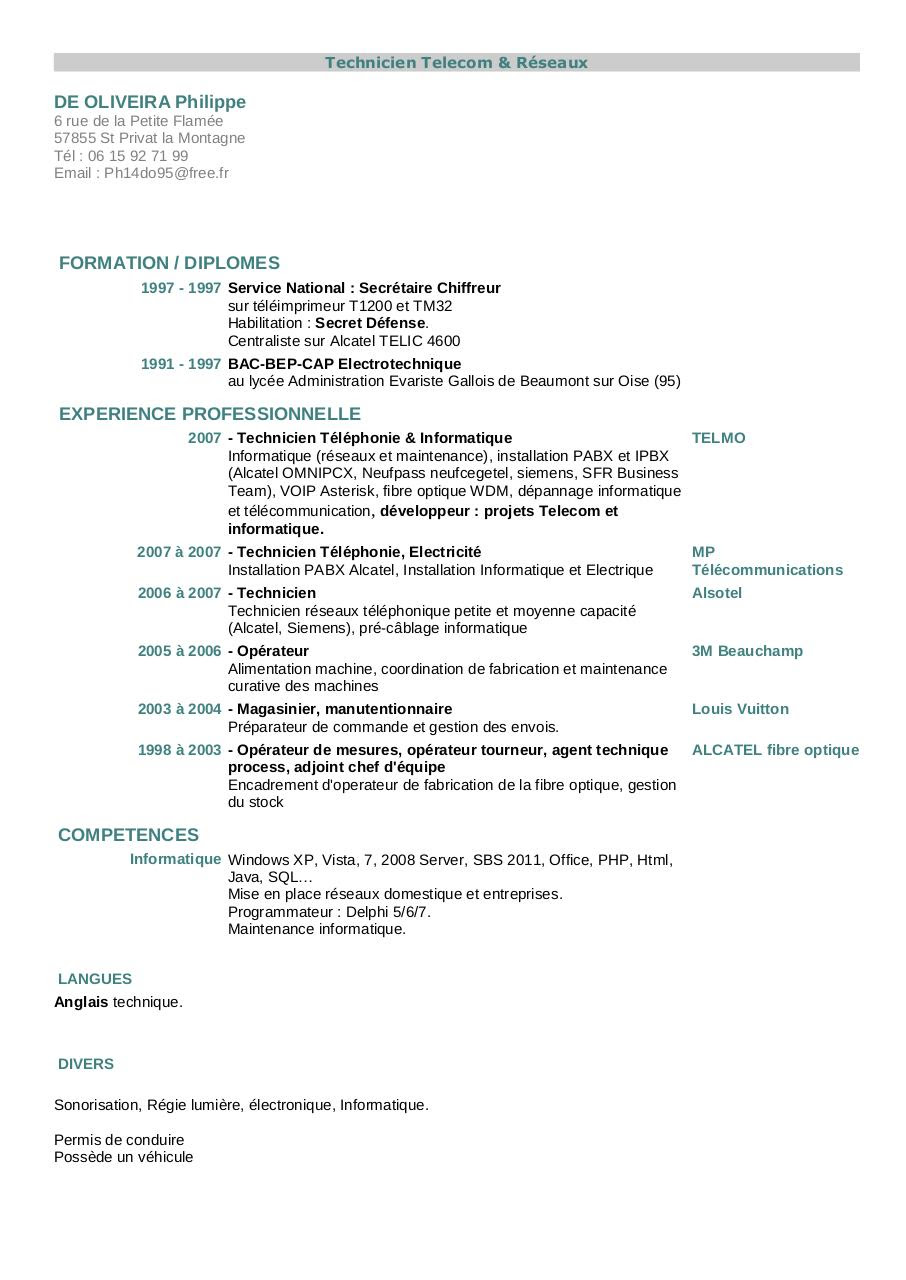 Resume Format: Modele Cv Manutentionnaire
