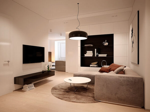 Black and white design can look very modern, but runs to risk of kitschy, calling to mind a 1950's diner. Instead of going full monochrome, Voytov uses black and white along with earthy tones of gray, beige, and brown which manage to envelop anyone who enters while staying sleek.