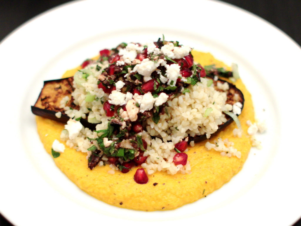 Chermoula-Roasted Aubergine with Bulgar Wheat, Pomegranate-Olive-Feta Salsa, & Spiced Carrot Purée