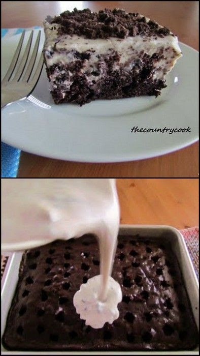 Oreo Pudding Poke Cake. Chocolate cake, poke holes in it, pour cookies and cream pudding over it, and top with Oreo crumbs. Yum!