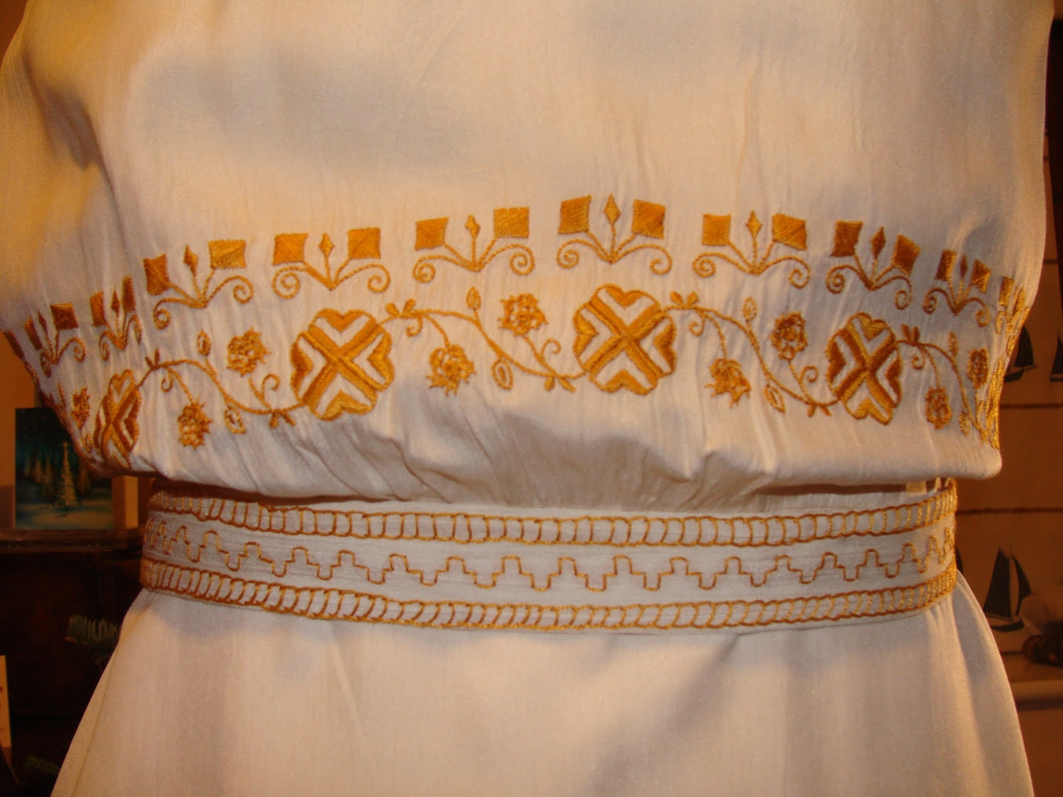 Cream silk 1920s to 1930s dress with ethnic motif embroidery