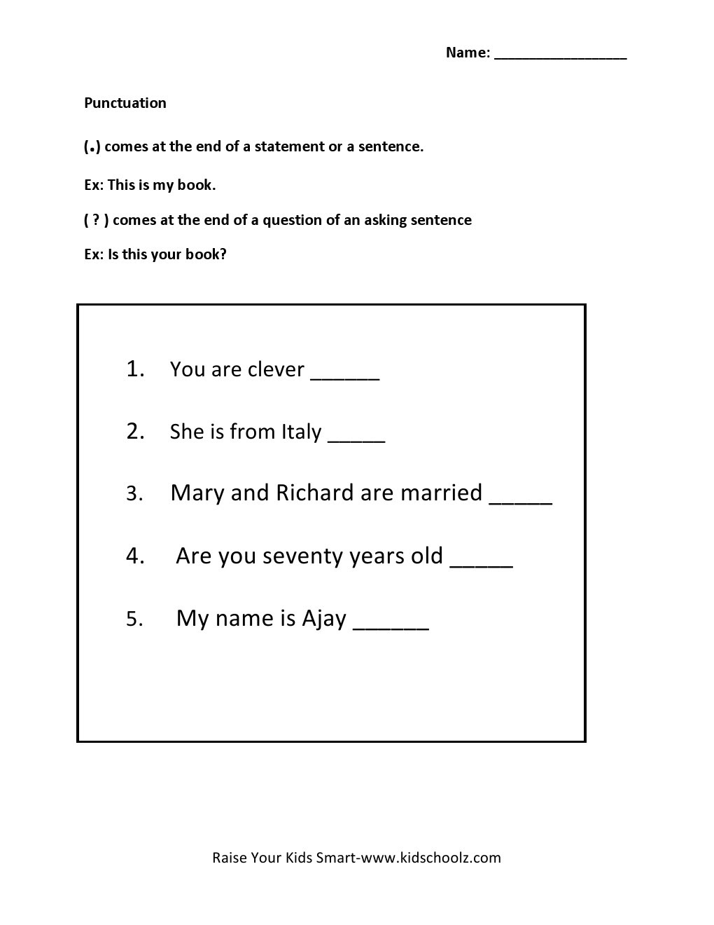 Grade 1 - Punctuation Worksheet 4 - Kidschoolz
