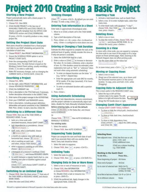 Microsoft Project 2010 Quick Reference Guide Creating A