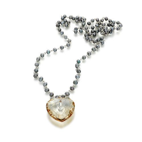 Best Reviews Orchira "Universe" black pearl long necklace with large crystal heart pendant