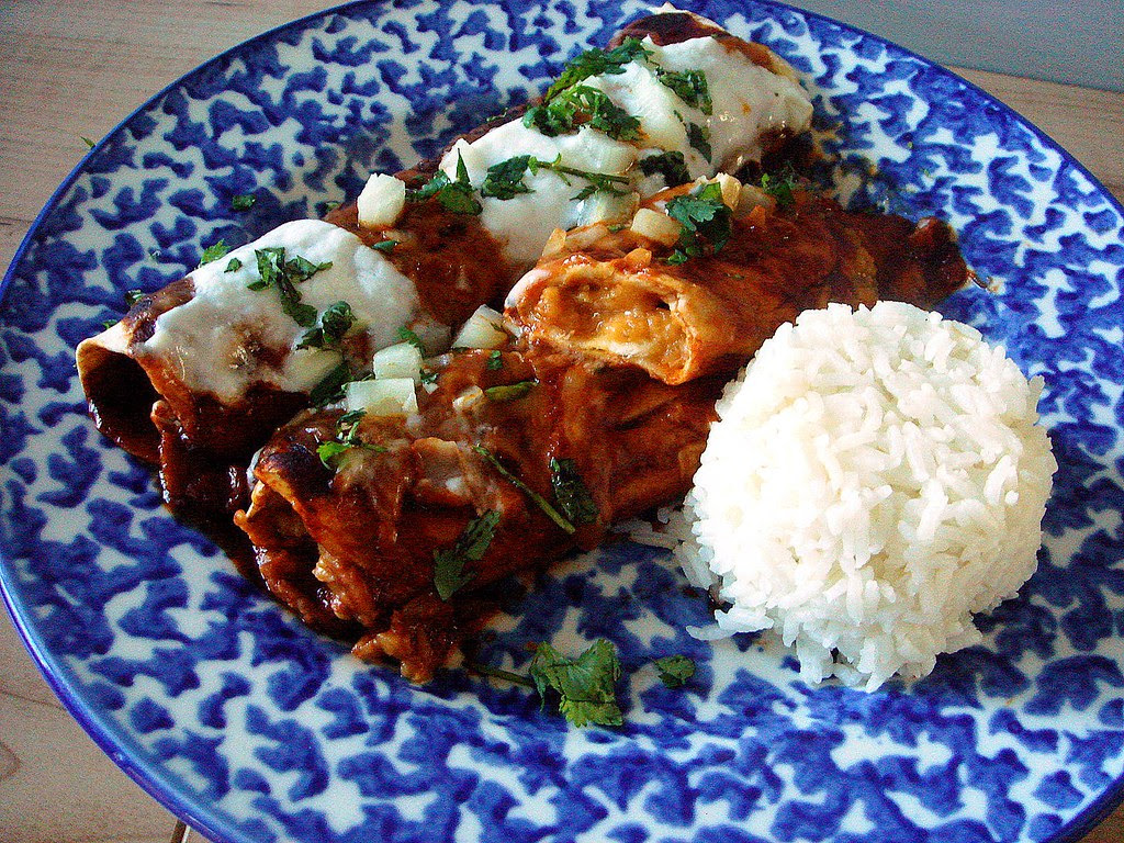 lentil filled enchiladas with homemade ancho chile sauce