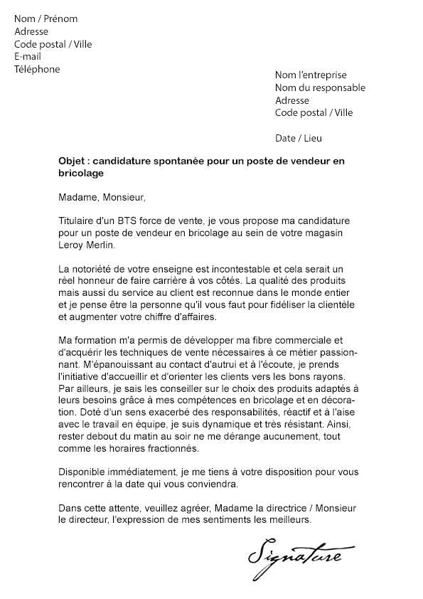 Lettre de motivation Leroy Merlin (Vendeur en bricolage)