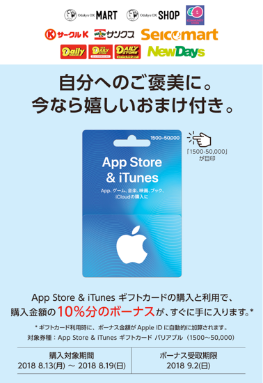 18年8月19日まで サークルｋ サンクスでapp Store Itunes ギフトカード バリアブルを購入 利用すると10 分のボーナスがもれなくもらえるキャンペーン実施 Itunes Card 割引販売速報