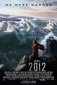 A buddhist monk standing against a background of snow capped mountains while a tsunami is charging over them.