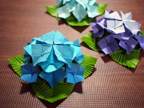 おりがみ 立体 むずかしめ アジサイ 紫陽花 の折り方 大きいサイズ 知恵の小袋