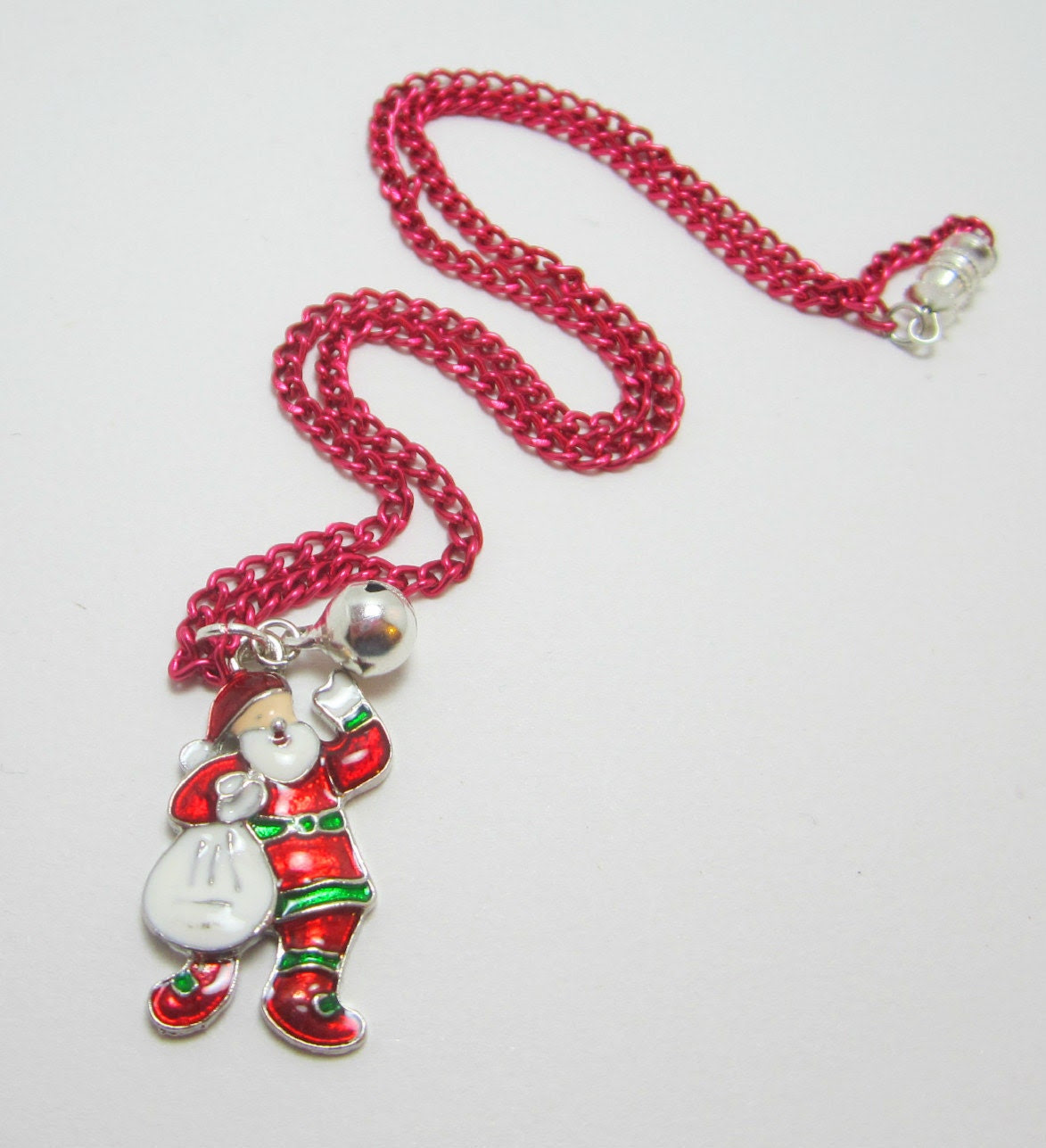 Childs Red Santa Necklace 18k White Gold Plate Charm on Aluminum Chain