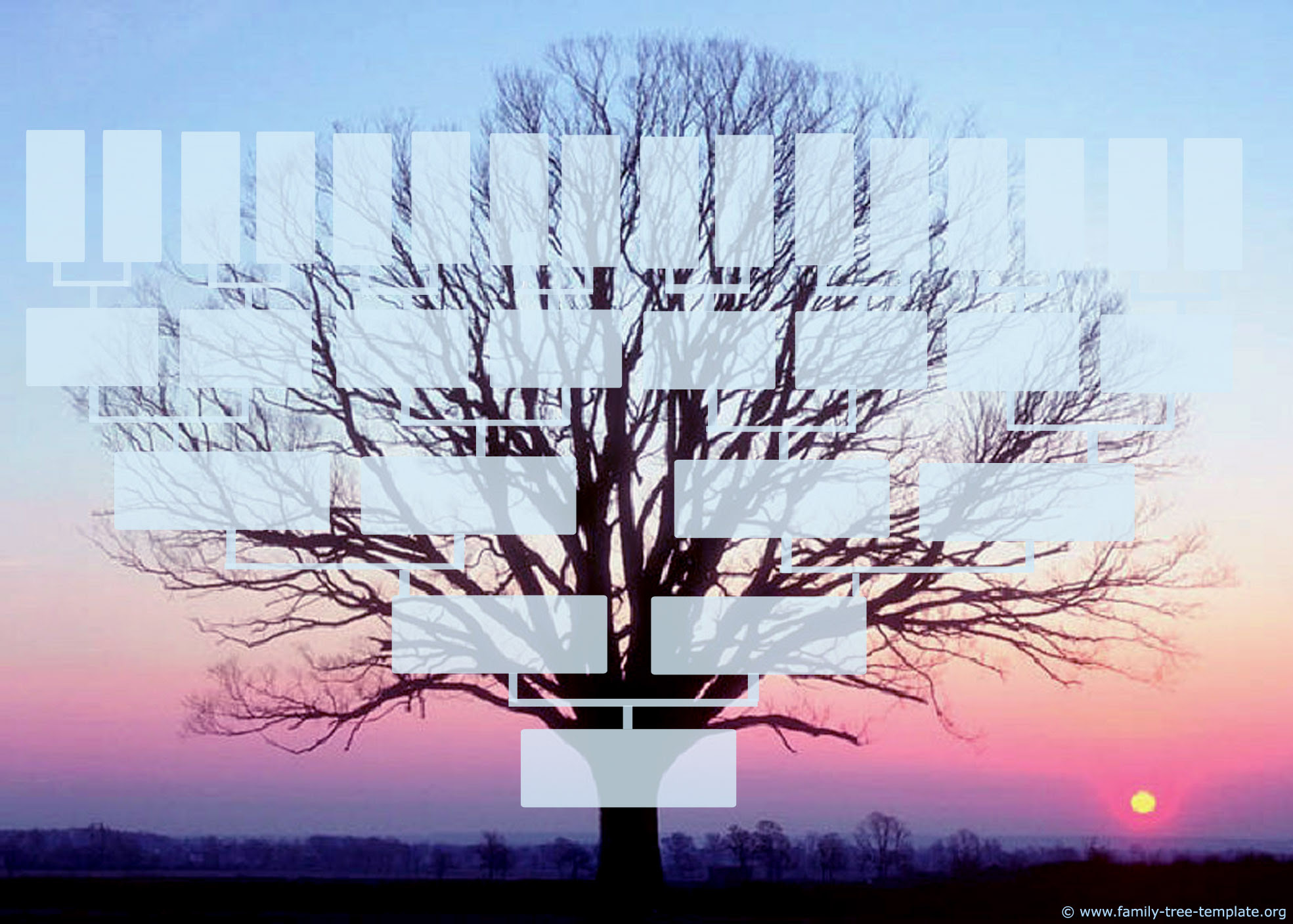 Beautiful family tree form in winter landscape with a sunrise on the ...