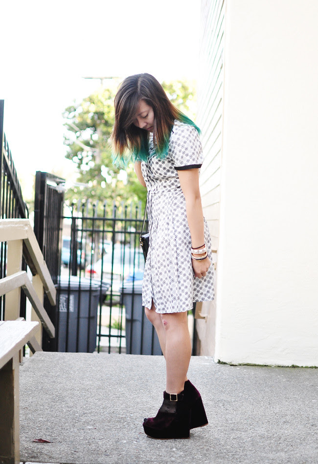 Jason Wu for Target dress, vintage purse, dip dyed hair, teal, TBA, burgundy, wedges