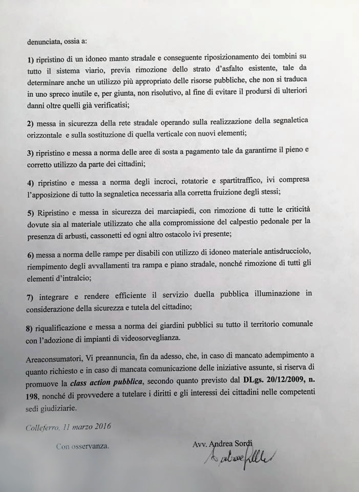 Diffida al Comune di Colleferro
