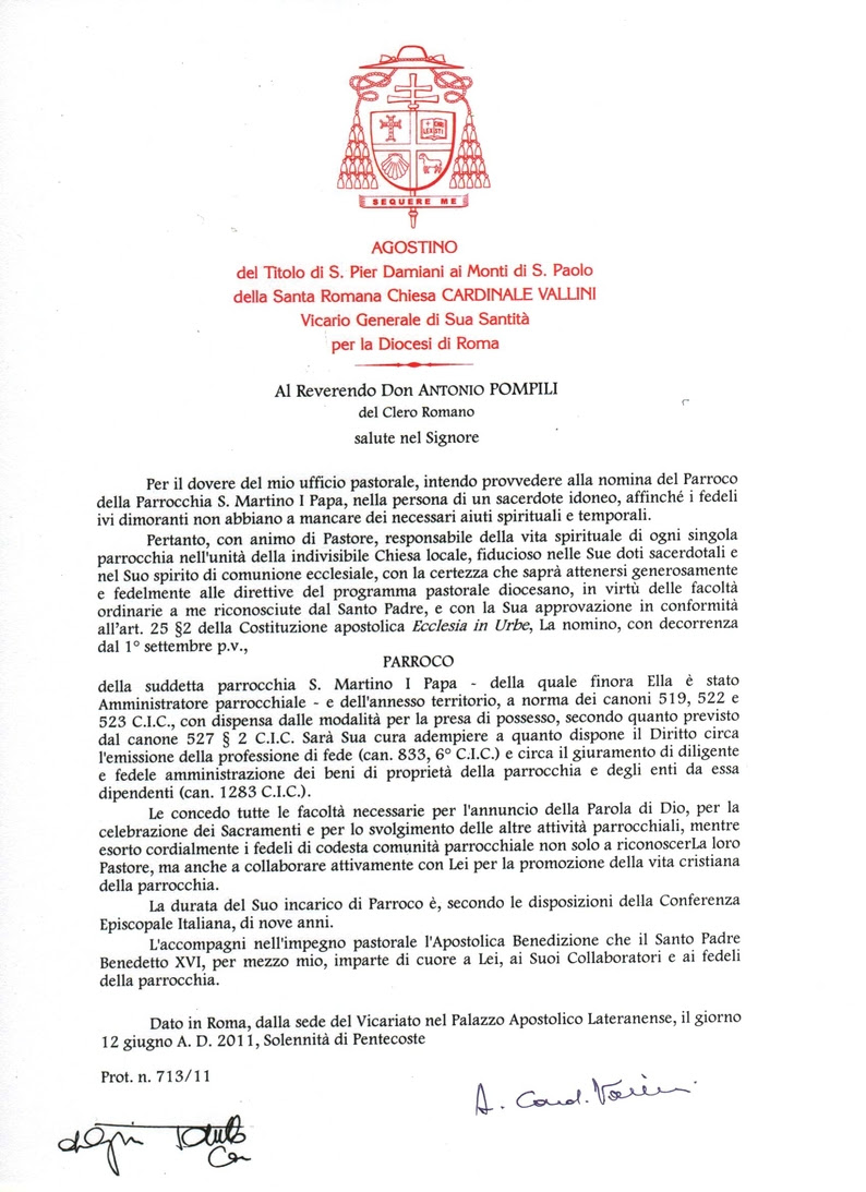 Lettera di nomina a Parroco - Parrocchia San Martino I Papa