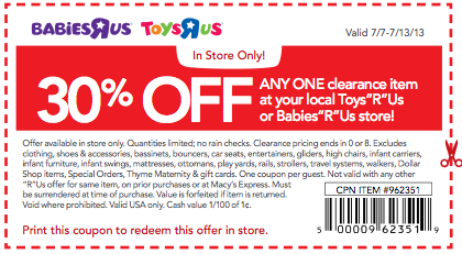 Toys R Us or Babies R Us Coupon: 30% Off Clearance Item ...