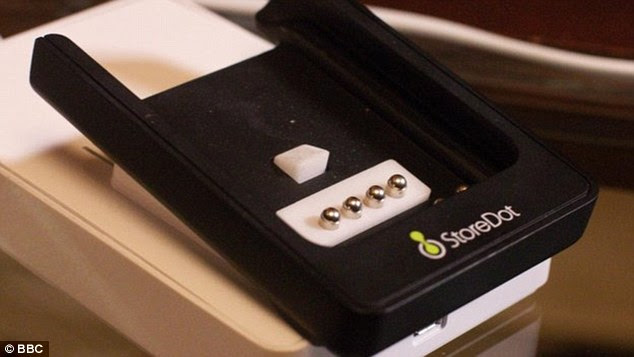 StoreDot technology was first demonstrated last year, but the prototype at the time was too chunky to fit inside slim phones. But the latest model of the StoreDot phone and charging dock (pictured) being shown off at CES, has been streamlined. The company plans to make it even thinner by 2016