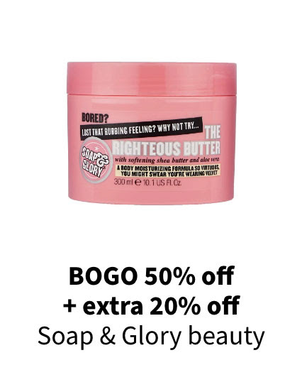 BOGO 50% off + extra 20% off Soap & Glory beauty