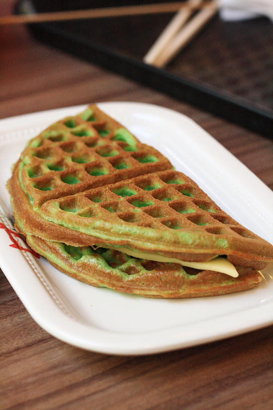 Dessert of Pandan Waffles Stuffed with Cheese