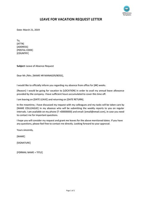 What are some examples of a vacation leave letter? - Quora