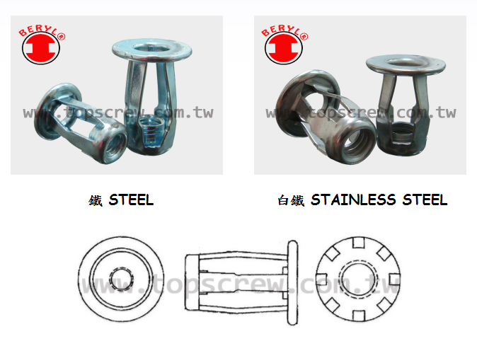 STEEL BLIND RIVET NUT, STAINLESS STEEL BLIND RIVET NUT, STAINLESS STEEL 316 BLIND RIVET,Fasteners, rivet nut, inserts, rivet, nuts, screws, bolts, studs, blind rivet nuts , self-clinching, bolt rivet nuts, e self-driving nut, self-tapping threaded inserts, sex bolts, PEM nut, binding post, Chicago screw, barrel nut, post, special blind rivet, security fastener, blind jack nut, welding stud, hardware parts, construction hardware,BLIND NUT, RIVET NUT, TOP SCREW METAL CORP, TOPS SCREW METAL CORP,INSERT NUT