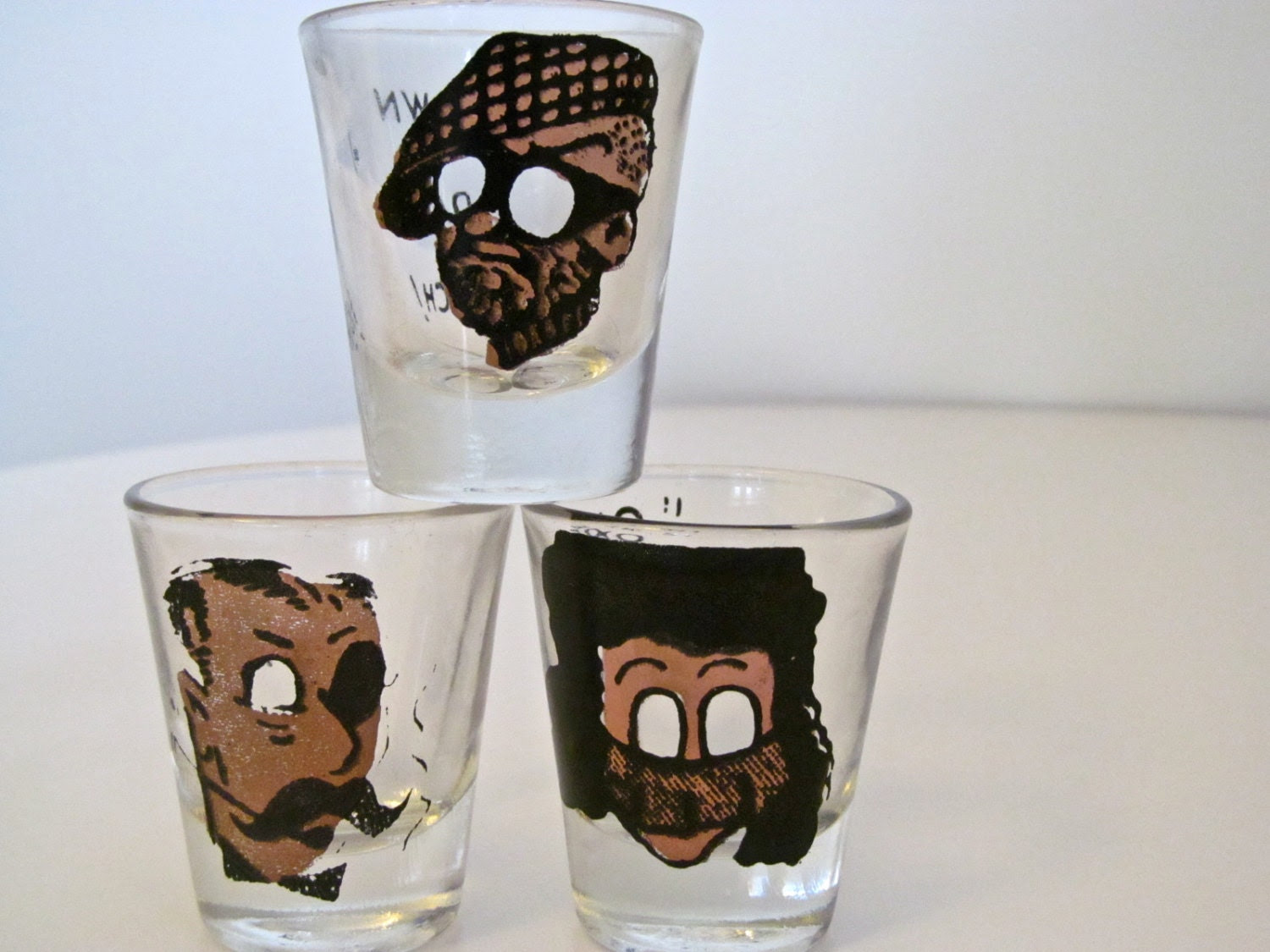 3 Mid Century Anchor Hocking shot Glasses "Down Da Hatch" "One is My Limit" - Vintage Barware