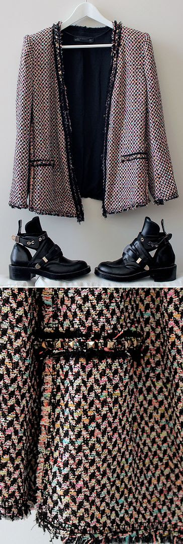 ZARA MULTICOLORED STUDDED BOUCLE TWEED NEON BLAZER 2012 BALENCIAGA 2007 INSPIRED BALENCIAGA ICONIC CUT OUT LEATHER BOOTS THICK BUCKLES LE FASHION BLOG 1