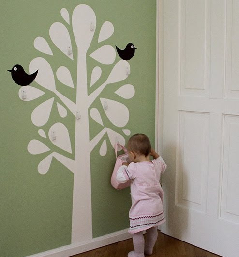 wall sticker/painted tree + hooks = super cute hanger