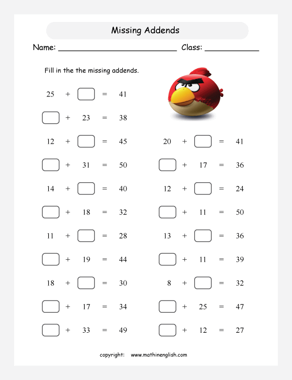 Worksheet Addition Find  missing addition number The Missing subtraction