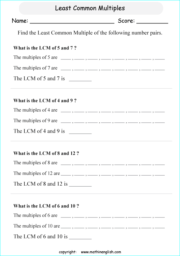 Grade 5 math worksheets least common multiple