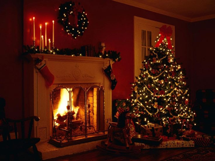 1280x960 Wallpaper christmas, holiday, fireplace, christmas tree, garlands, candles, toys, gifts