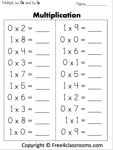  free 1 digit multiplication worksheet by 0s and 1s free4classrooms