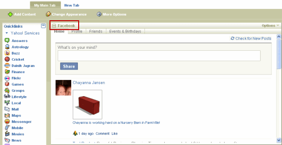 Facebook Home Page on My Yahoo!