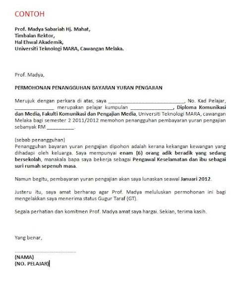 contoh karangan surat rasmi rayuan sambung belajar