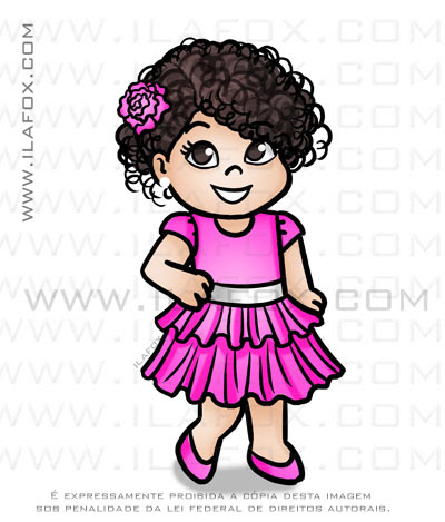 caricatura fofinha, caricatura simples, menina morena de cabelo cacheado, vestido pink, caricatura infantil, by ila fox