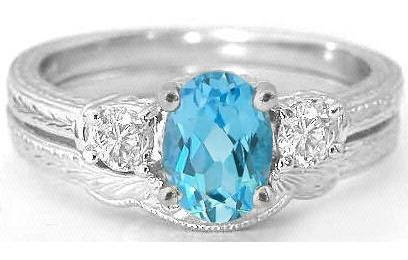 3-stone Vintage Blue Topaz and White Sapphire Engagement