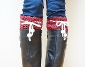 Crochet boot cuffs Leg warmers topper deep dark red bordeaux crimson handmade christmas white ready to ship felt ball Wool knitted liner - feltinga
