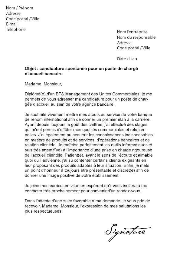 Lettre de motivation Chargé d'accueil bancaire - Modèle de 