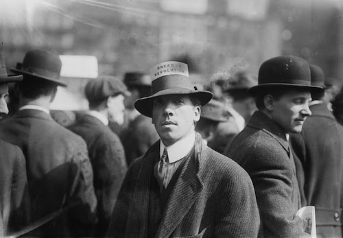 I.W.W. hat card reads"Bread or Revolution," 1914 April 13.
