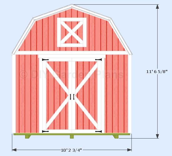 Shed width 10′ 2 ¾” measured from the trim. Height 11′ 6 5/8″