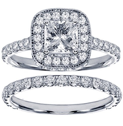 2.42 CT TW Pave Set Diamond Encrusted Princess Cut Engagement Ring Bridal Set in 14k White Gold