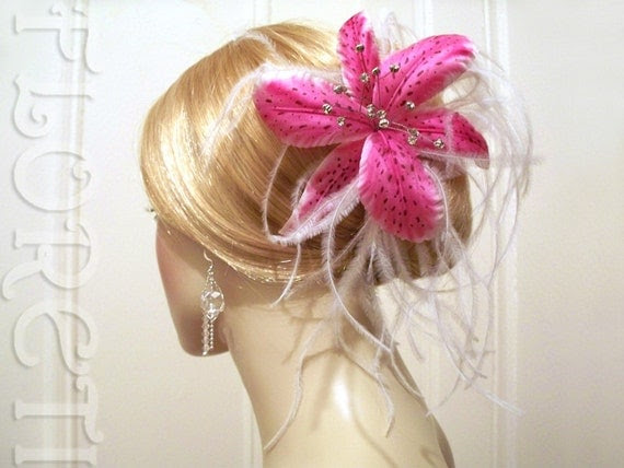 Bridal Pink Stargazer Lily Hair Clip Veil Fascinator by Floretii