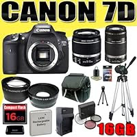 Canon EOS 7D 18 MP CMOS Digital SLR Camera w/ Canon EF-S 18-55mm f/3.5-5.6 IS Lens & Canon EF-S 55-250mm f/4.0-5.6 IS Telephoto Zoom Lens LPE6 Battery/Charger Wide Angle / Telephoto Lenses Filter Kit 16GB Tripod DavisMAX IS Bundle