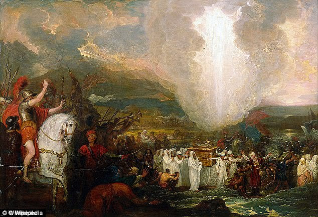 Joshua passing the River Jordan with the Ark of the Covenant, which contains the two stone tablets bearing the Ten Commandments