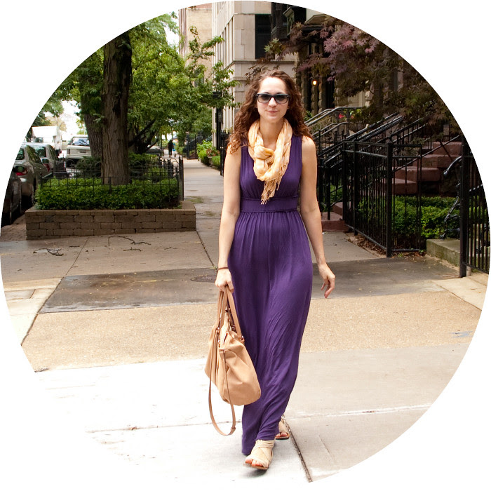 purple maxi dress, long purple jersey dress, maxi dress with scarf, purple and peach, copper bag, zara purse, ootd, how to wear, 
