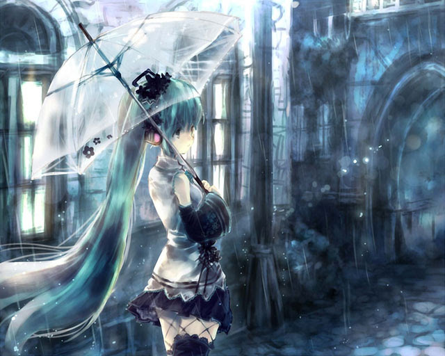 初音ミク 梅雨と傘とミクの可愛いイラスト壁紙 ボカロ画像