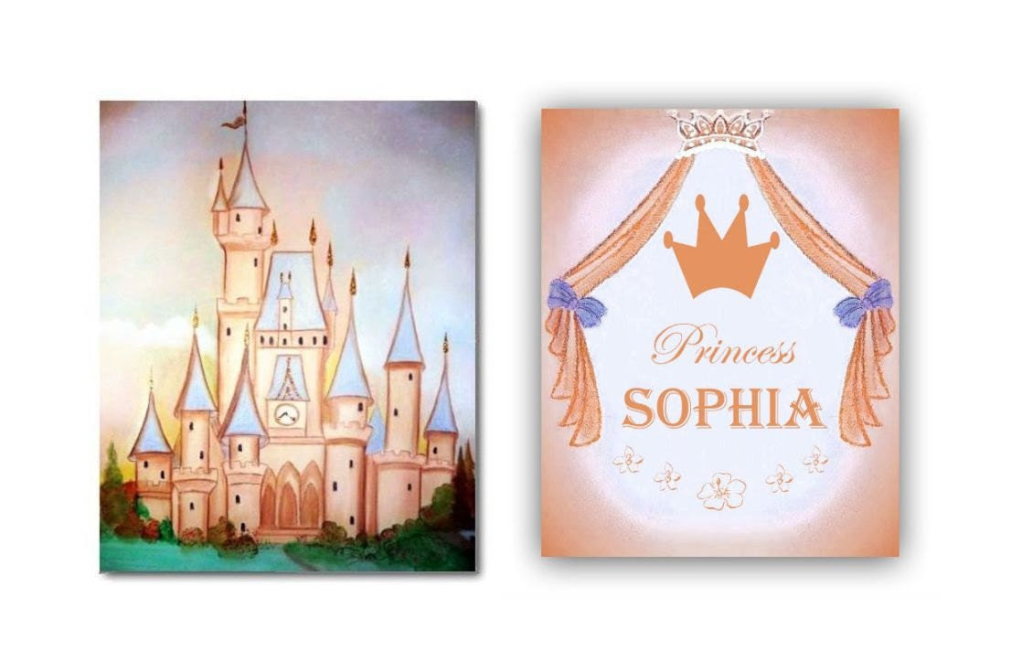 Princess Custom Name, Nursery Decor, Baby Girl Nursery, SET OF 2 Princess Art Prints, Princess Castle, Girls Room Decor, Children's Wall Art
