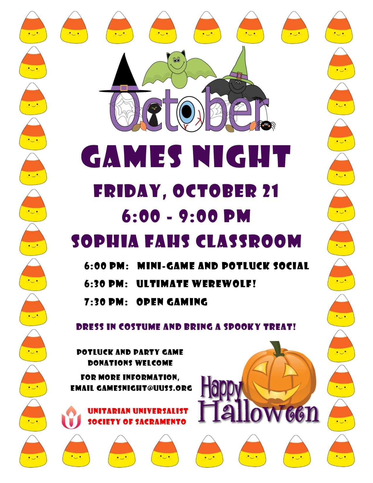 HalloweenThemed Games Night! Fri. 10/21 @ 6 PM – UUSS – A Sacramento