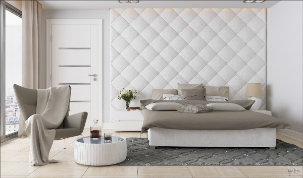 This bedroom from visualizer Ngoc Bau has a feminine je ne sais quoi without resorting to pinks and florals, just some ethereal tufting and plenty of smooth white.